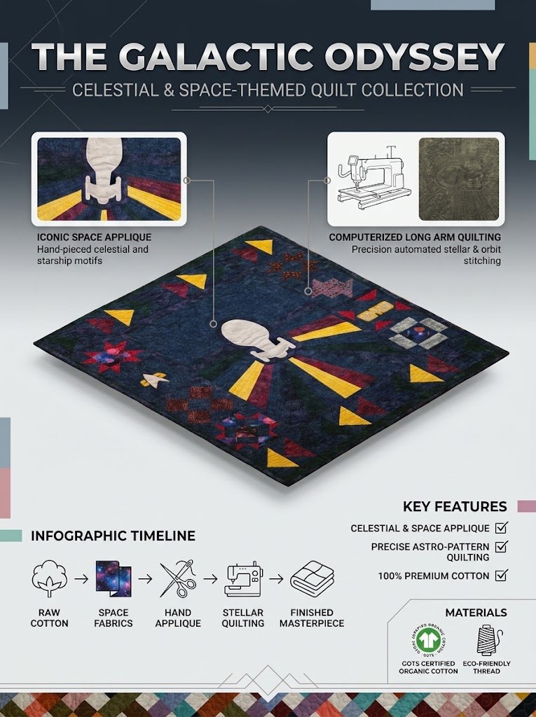 The Galactic Odyssey: the Star Trek quilt, with a white starship at the center of radiating warp streaks