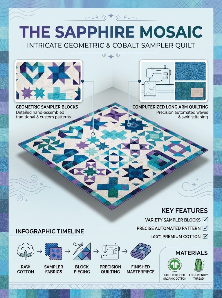 The Sapphire Mosaic: the Charm sampler quilt, with sixteen different blocks in blue, teal and purple